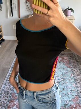 Y2K Black Colorblock Contrast Trim Cutout Top Size M